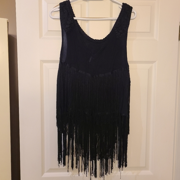 Rare Free People - Black Fringe Embroidered Festival Top - Sz L - Picture 6 of 6